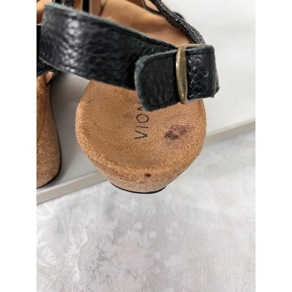 Vionic Kaytie Black Suede Leather Cork Wedge T-Strap Sandals Womens 9 JH:02-2023